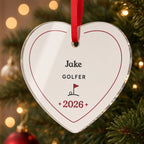 Angled view of the glossy heart acrylic golfer ornament with red ribbon, showing the polished acrylic edge