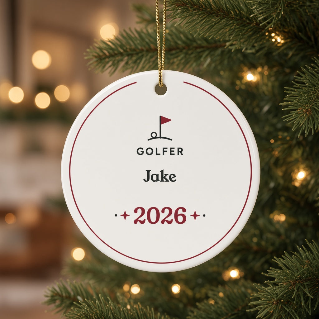 Personalized round ceramic golfer Christmas ornament with the name Jake and 2026, hanging by a gold string on a lit Christmas tree