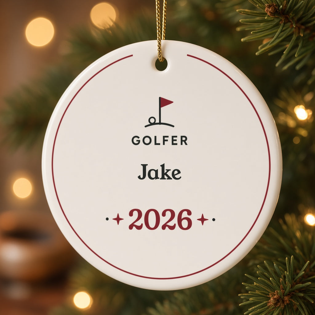 Close-up of the glossy ceramic golfer ornament showing the golf flag, GOLFER, the name Jake and 2026