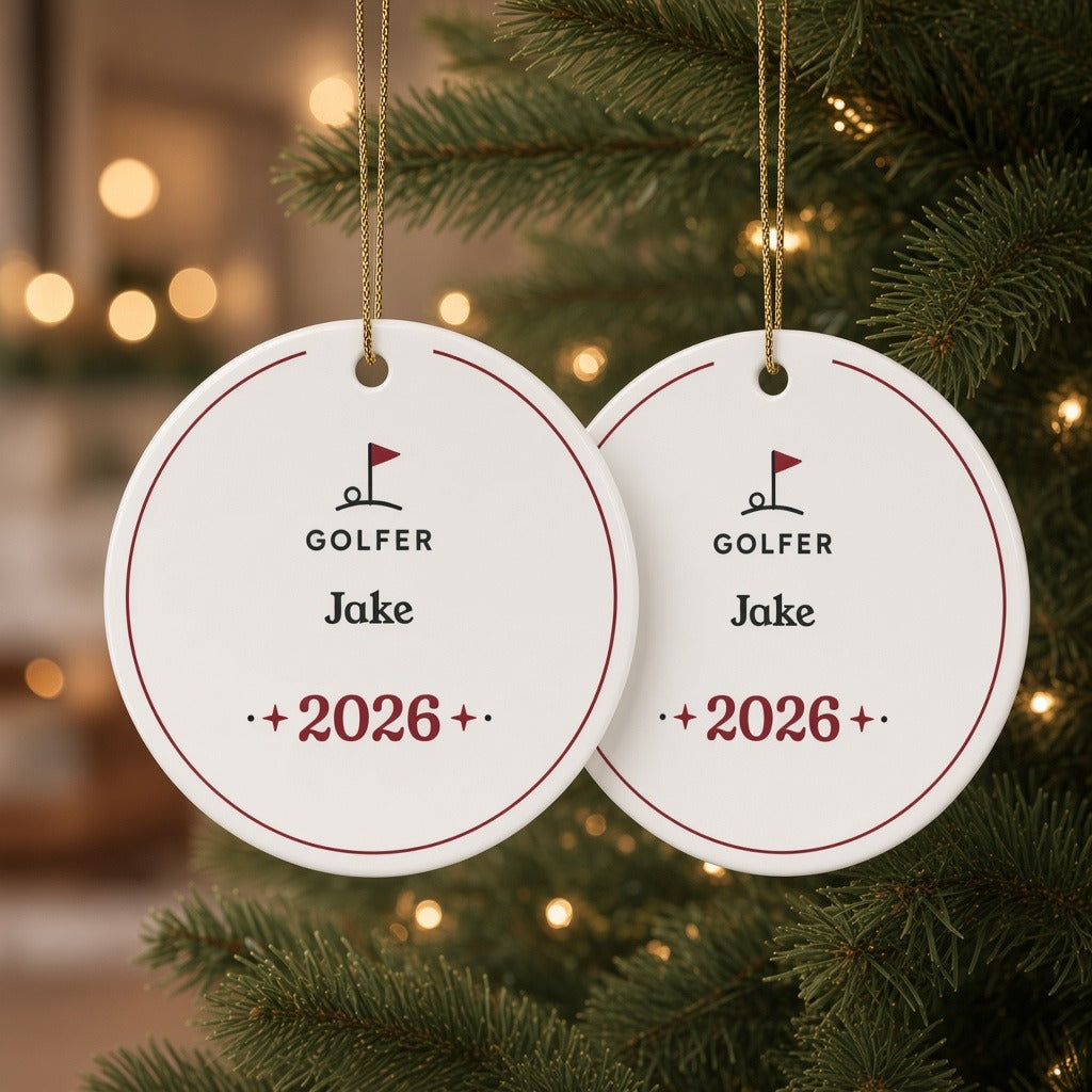 Both sides of the personalized ceramic golfer ornament showing the same design with the name Jake and 2026