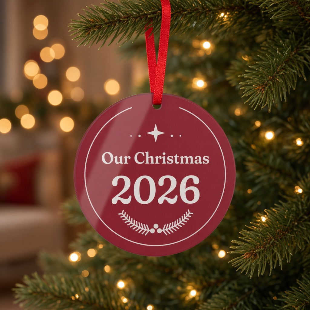 Round burgundy acrylic Our Christmas 2026 ornament with a red ribbon hanging on a lit Christmas tree